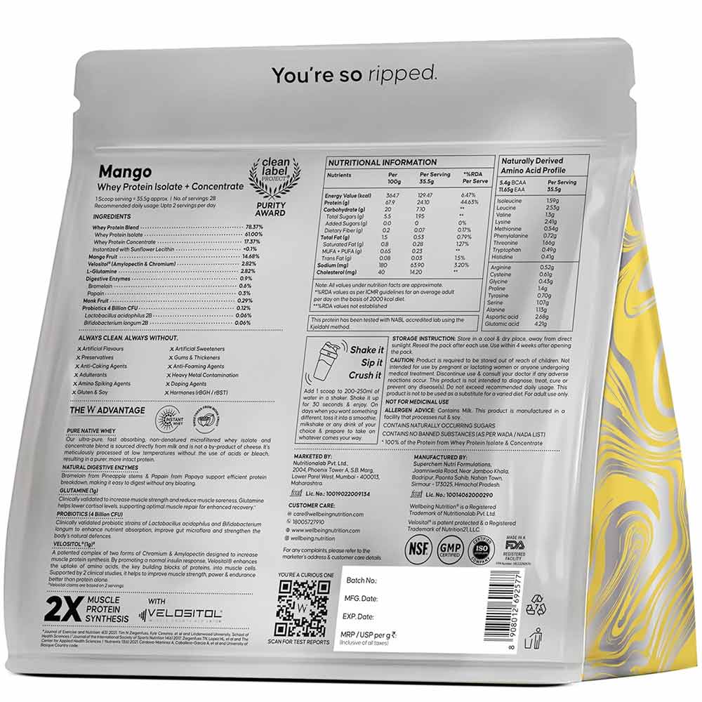 2 - Wellbeing Nutrition 100% Native Whey Protein Isolate + Concentrate,  2.2 lb  Mango 