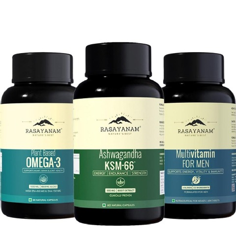 Rasayanam Plant Based Omega 3 60 Caps with Ashwagandha KSM-66 60 Caps & Multivitamin for Men Combo, 60 tablet(s)