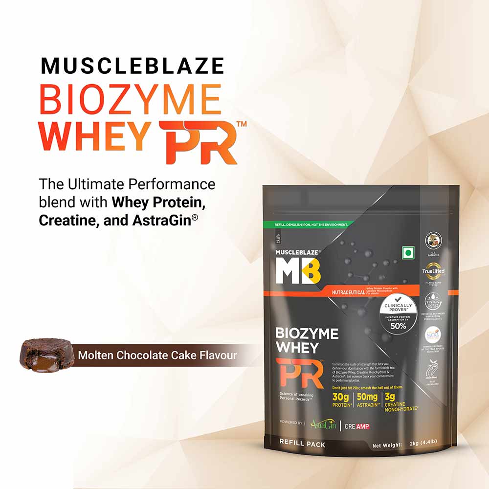 3 - MuscleBlaze Biozyme Whey PR,  4.4 lb  Refill Pouch Molten Chocolate Cake