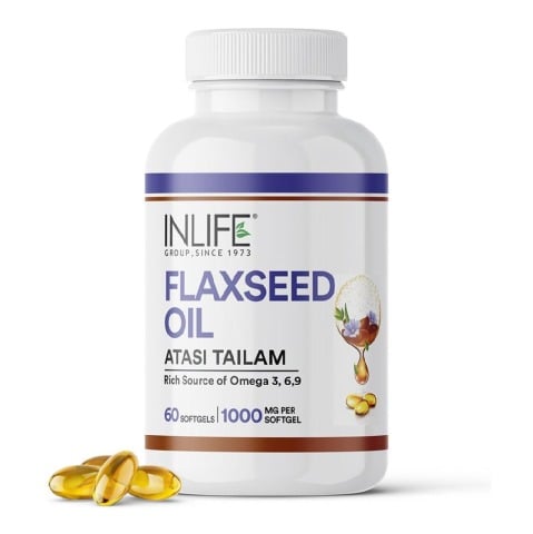 1 - INLIFE Extra Virgin Cold Pressed Flaxseed Oil 1000mg with Omega 3 6 9,  60 softgels 