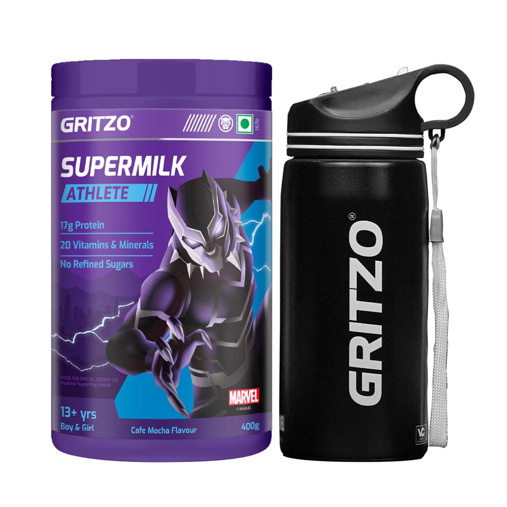 Supermilk Athlete 13+ Yrs Boy/Girl 400 g Cafe Mocha and 500ml Black Panther Sipper Combo