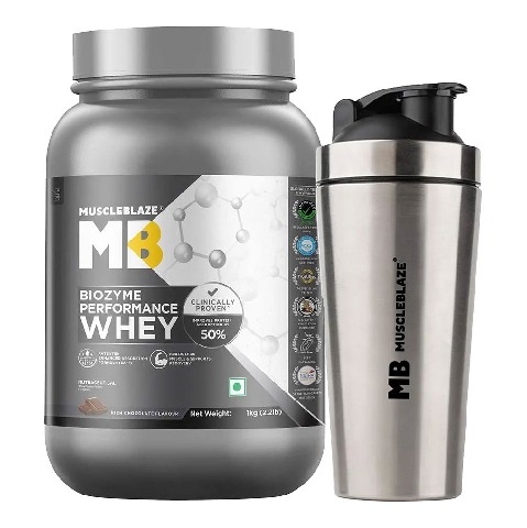 MuscleBlaze Biozyme Performance 1 kg Rich Chocolate & Steel Shaker 700 ml Combo