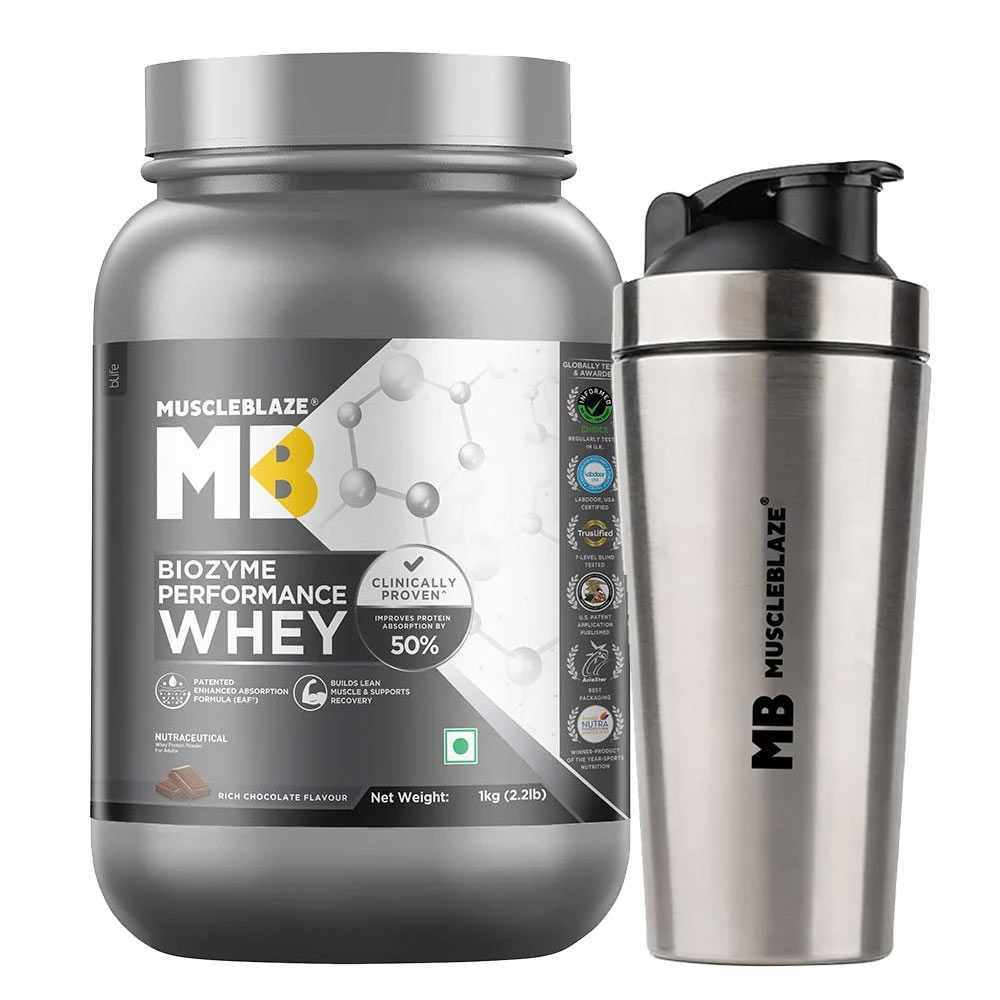 MuscleBlaze Biozyme Performance 1 kg Rich Chocolate & Steel Shaker 700 ml Combo-image-42
