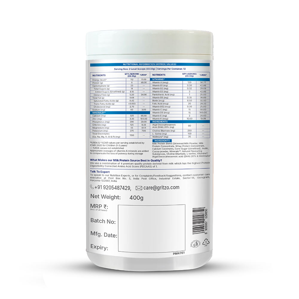 9 - Supermilk Gritzo Overall Growth for Boy/Girl 2-6 Yrs Protein & Nutrition Drink Mix,  400 g  Double Chocolate