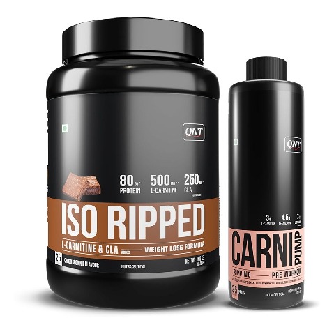QNT ISO Ripped & Carnipump Ripping Pre-workout 500 ml Peach Combo, 2.2 lb Choco Brownie