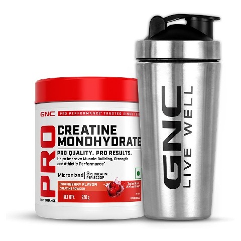 1 - GNC Pro Performance Pure Micronized Creatine Monohydrate, Cranberry with Steel Shaker 750ml 0.55 lb