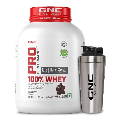 1 - GNC Pro Performance 100% Whey Protein,  4 lb  Chocolate Fudge with Steel Shaker 750ml Combo 