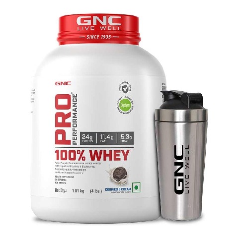 1 - GNC Pro Performance 100% Whey Protein & Steel Shaker Silver 750ml Combo,  4 lb  Cookies & Cream 