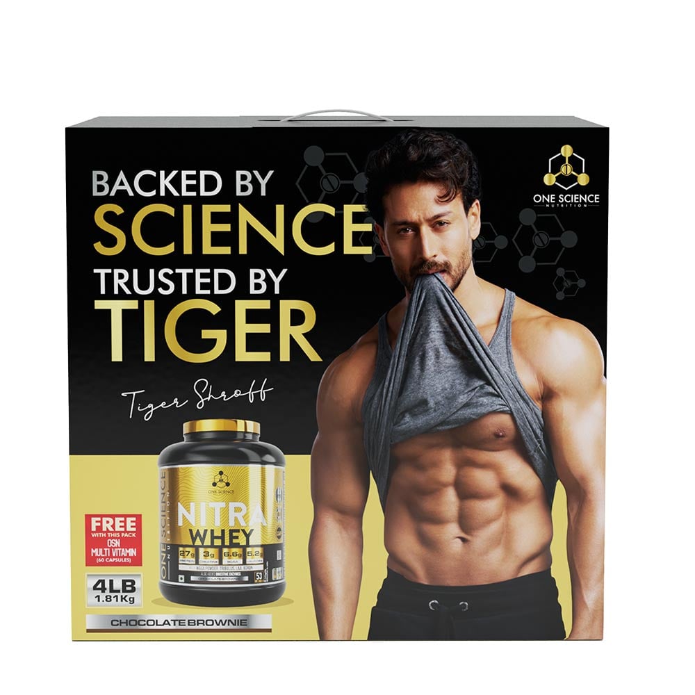 One Science Nitra Whey Tiger Combo Pack, 4 lb Chocolate Brownie with Daily Multivitamin 60 Capsules-image-1