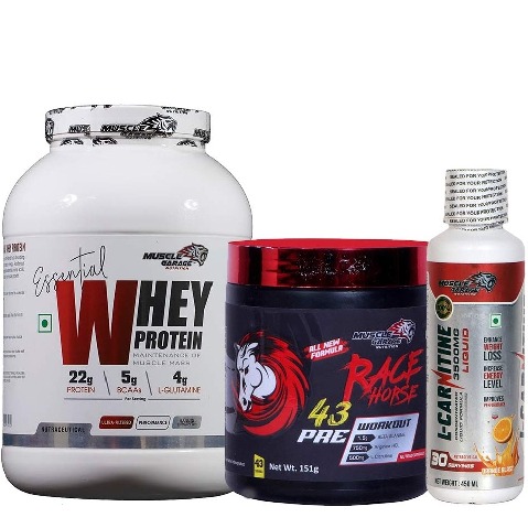 1 - Muscle Garage Essential Whey Protein 4.4 lb Chocolate & Race Horse Pre Workout 0.33 lb Fruit Punch with Creatine Combo,  0.55 lb  Unflavoured 