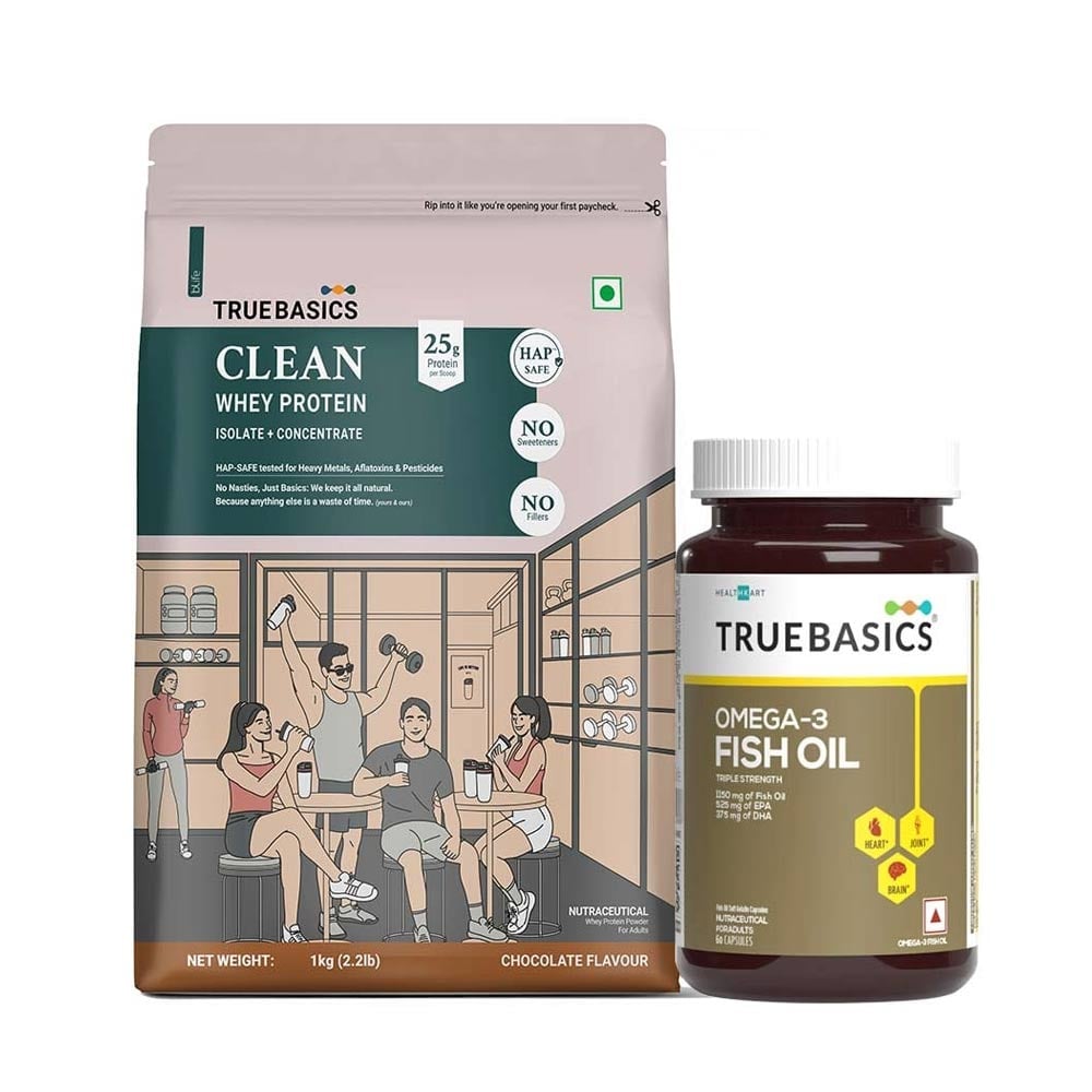 TrueBasics Clean Whey Protein Isolate + Concentrate 1kg Chocolate & Fish Oil 60 Caps Combo