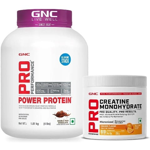 GNC Pro Performance Power Protein 4 lb Double Rich Chocolate & Pure Micronized Creatine Monohydrate Orange  0.55 lb