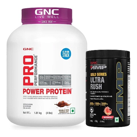 GNC Pro Performance Power Protein 4 lb Double Rich Chocolate & AMP Gold Series Ultra Rush Powder 0.99 lb Watermelon
