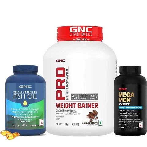 Pro Performance Weight Gainer 6.6 lb Double Chocolate & Mega Men One Daily Multivitamin 60 Tabs with Triple Strength Fish Oil 60 Softgels