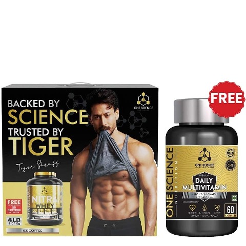 One Science Nitra Whey Tiger Combo Pack,  4 lb  Ice Coffee with Daily Multivitamin 60 Capsules 