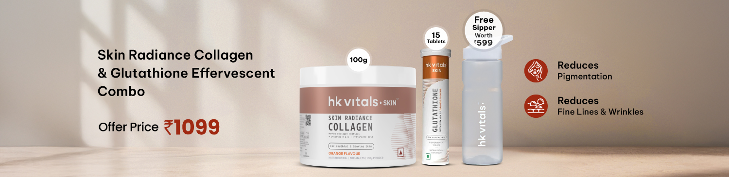 HealthKart HK Vitals Skin Radiance Collagen 100 g & Glutathione Effervescent 15 Tabs Orange Combo | Offer Price - 1099 + free sipper