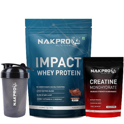 1 - Nakpro Impact Whey Protein 2.2 lb & Creatine Monohydrate 0.22 lb Combo,  2 Piece(s)/Pack  Double Rich Chocolate & Unflavoured (with Shaker) 