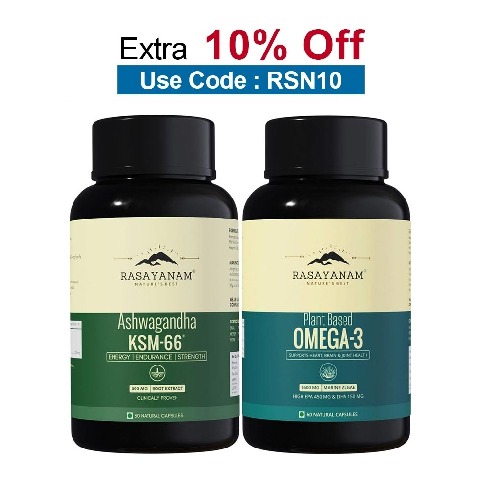 Rasayanam Ashwagandha KSM-66 & Plant Based Omega 3 Combo,  60 capsules 