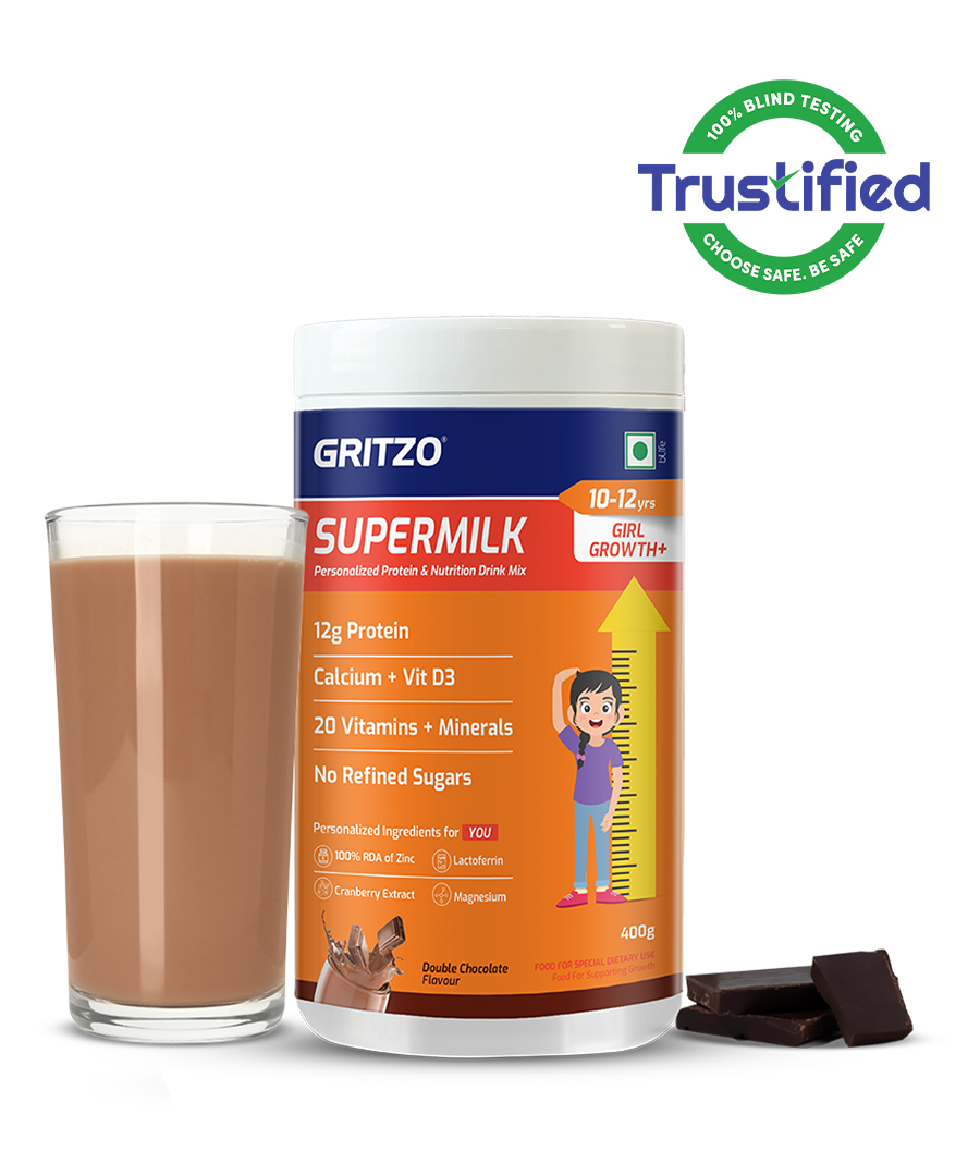 Supermilk Growth+ for Girl 10 to12 Yrs, 400 g Double Chocolate 10-12 Yrs Girl Growth+ With Unrefined Sugar