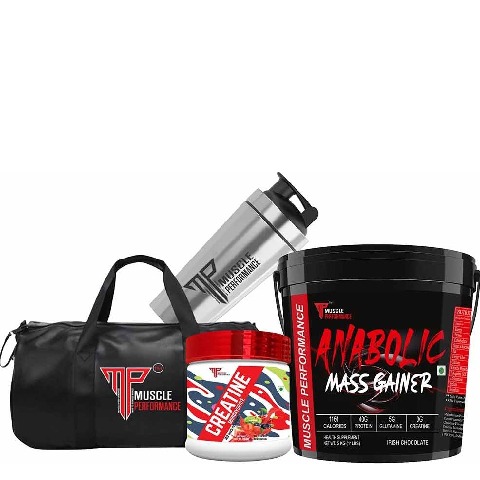 1 - Muscle Performance Anabolic Mass Gainer with Creatine Monohydrate 0.66 lbs, Steel Shaker & Gym Bag Combo,  11 lb  Irish Chocolate 