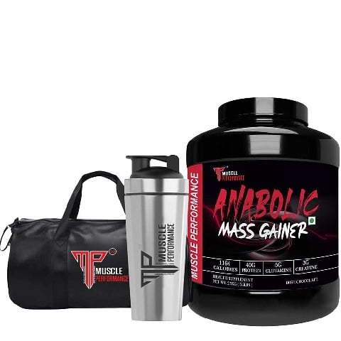 1 - Muscle Performance Anabolic Mass Gainer with Steel Shaker & Gym Bag Combo,  5.5 lb  Irish Chocolate 