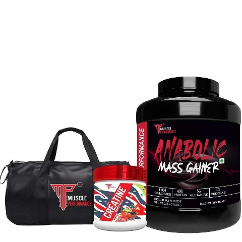 1 - Muscle Performance Anabolic Mass Gainer with Creatine Monohydrate 0.66 lbs & Gym Bag Combo, 5.5 lb Belgium Chocolate
