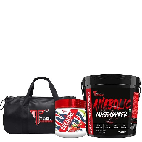 1 - Muscle Performance Anabolic Mass Gainer with Creatine Monohydrate 0.66 lbs & Gym Bag Combo, 11 lb Creamy Vanilla