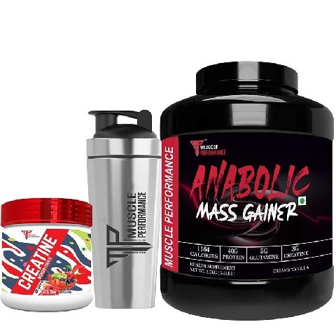 1 - Muscle Performance Anabolic Mass Gainer with Creatine Monohydrate 0.66 lbs & Steel Shaker Combo, 5.5 lb Rabri Kulfi