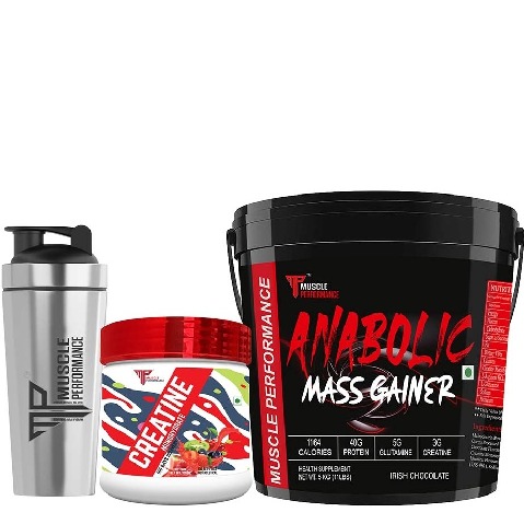 1 - Muscle Performance Anabolic Mass Gainer with Creatine Monohydrate 0.66 lbs & Steel Shaker Combo, 11 lb Irish Chocolate