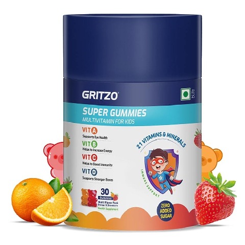 Gritzo Super Gummies Multivitamin for Kids, 30 gummies Multi Flavour Pack (Strawberry & Orange)