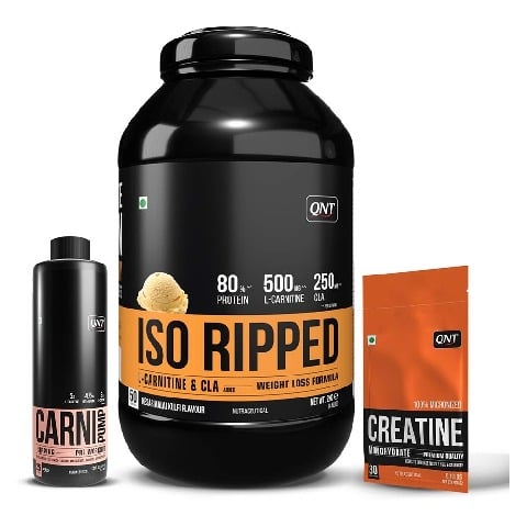 1 - QNT ISO Ripped, Carnipump Ripping Pre-workout 500ml Peach & Creatine Monohydrate Unflavoured 0.198 lb Combo, 4.4 lb Kesar Malai Kulfi