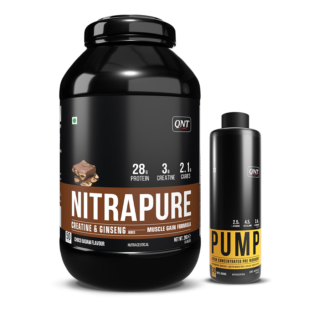 QNT Nitrapure Whey Protein & Pump Extra Concentrated Liquid Pre- Workout 450 ml Navel Orange Combo, 4.4 lb Choco Badam-picture-18