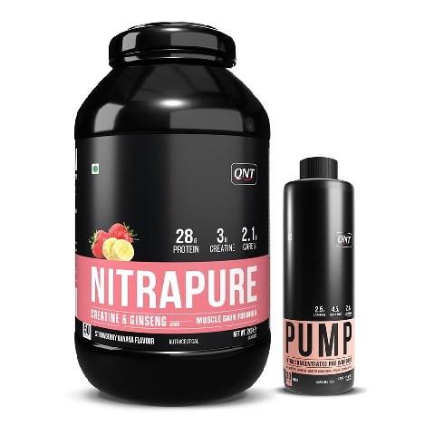 1 - QNT Nitrapure Whey Protein & Pump Extra Concentrated Liquid Pre- Workout 450 ml Peach Combo,  4.4 lb  Strawberry Banana 