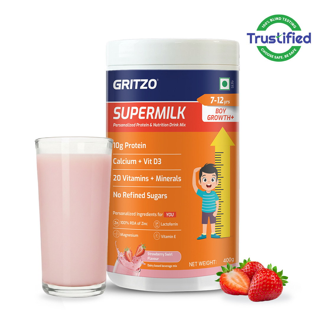 1 - Supermilk Growth+ for Boy 7 to 12 years, 400 g Strawberry 7-12 Yrs Boy Growth+ With Unrefined Sugar