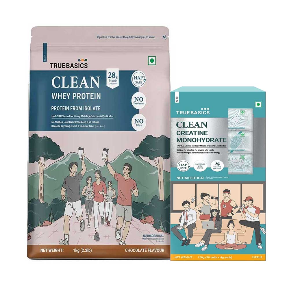 Clean Whey Protein Isolate 1kg Chocolate & Creatine Monohydrate Citrus 30 sachets Combo