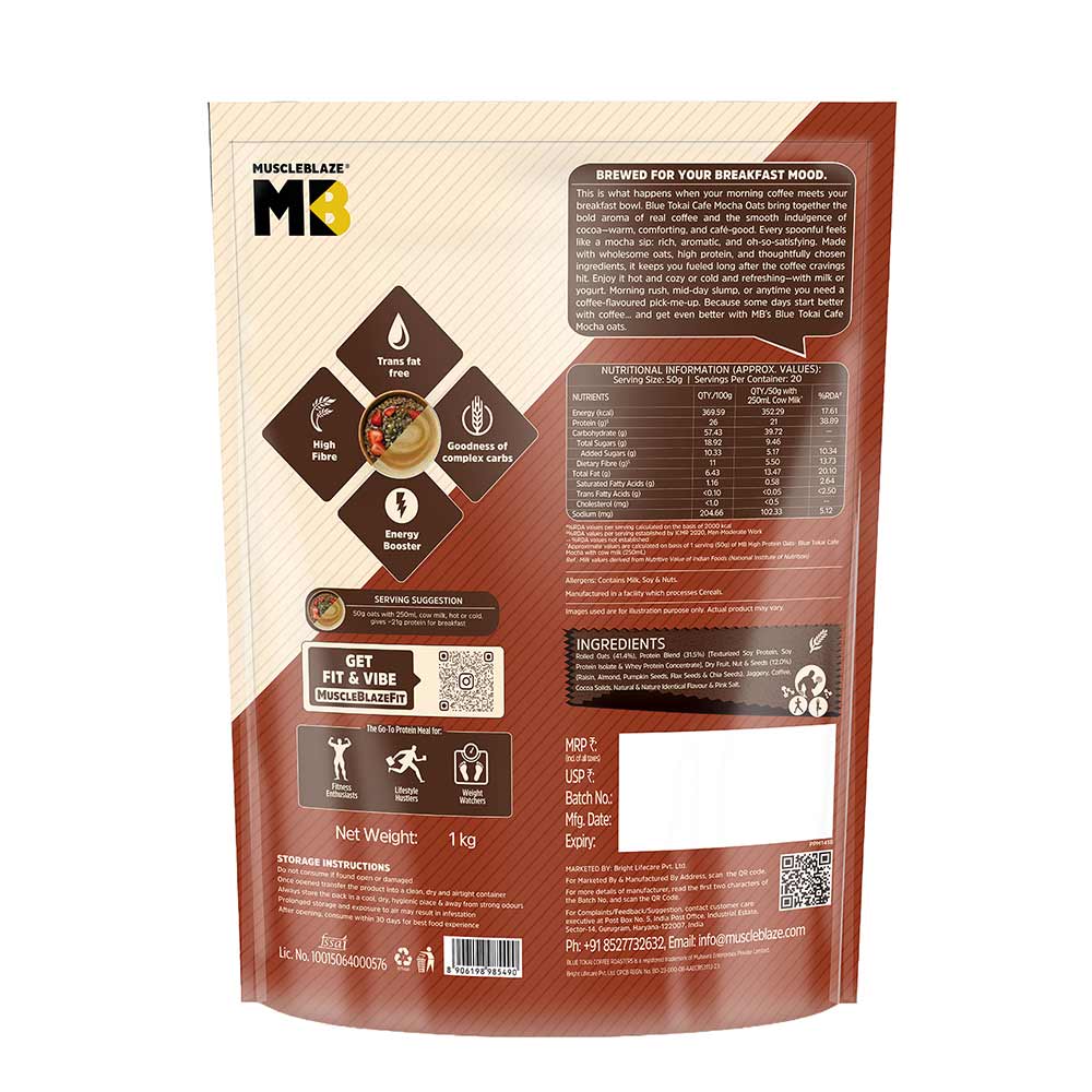1 - MuscleBlaze High Protein Oats,  1 kg  Blue Tokai Cafe Mocha