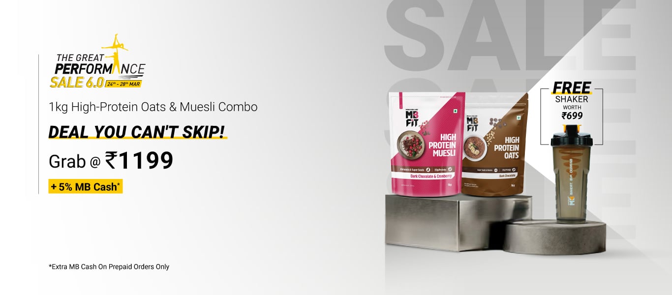 High Protein Oats Dark Chocolate & High Protein Muesli Dark Chocolate & Cranberry 1 kg Combo @ 1199 + Free Shaker + 5% MB Cash