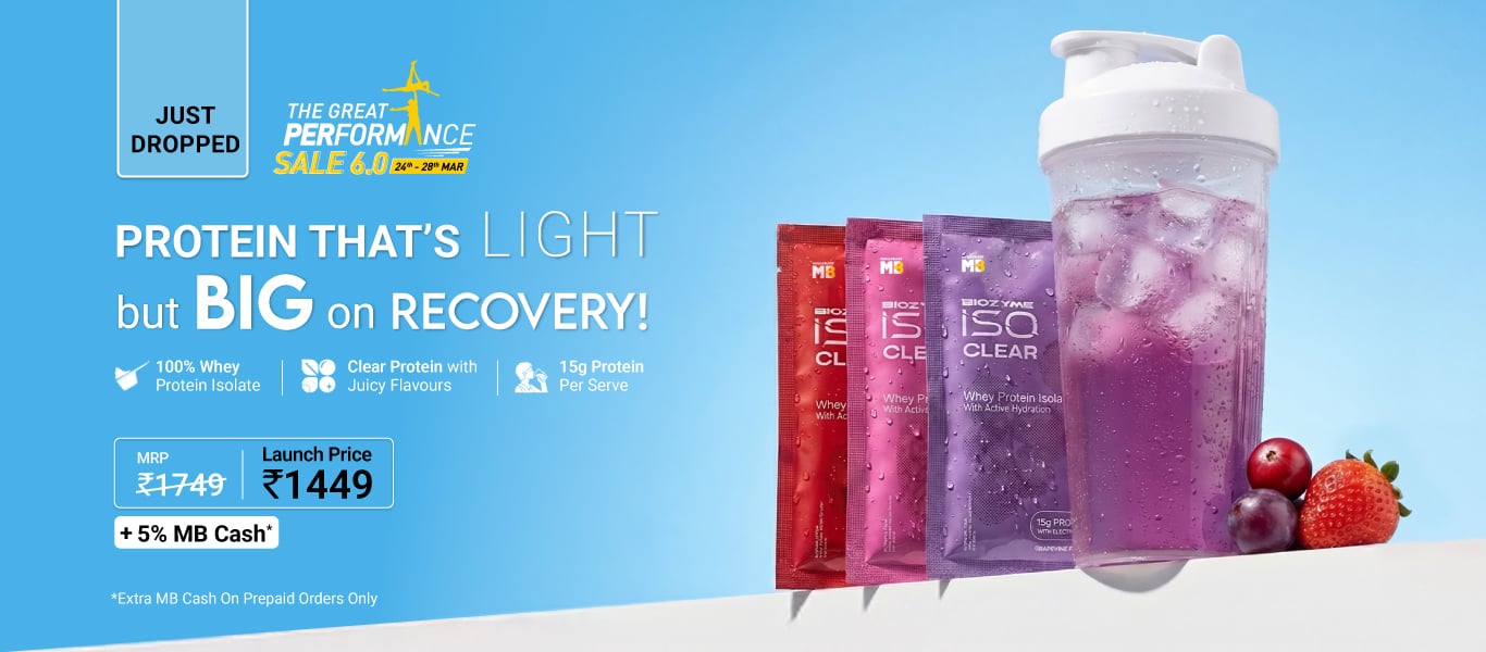 Launch: MuscleBlaze Biozyme Clear Whey Isolate 315 g Strawberry Lemonade, Grapevine, Cranberry Crush, Assorted Pack of 15 @ 1449 + 5% MB Cash