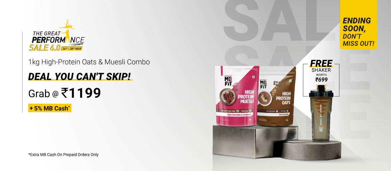 Ending Soon: High Protein Oats Dark Chocolate & High Protein Muesli Dark Chocolate & Cranberry 1 kg Combo @ 1199 + Free Shaker + 5% MB Cash
