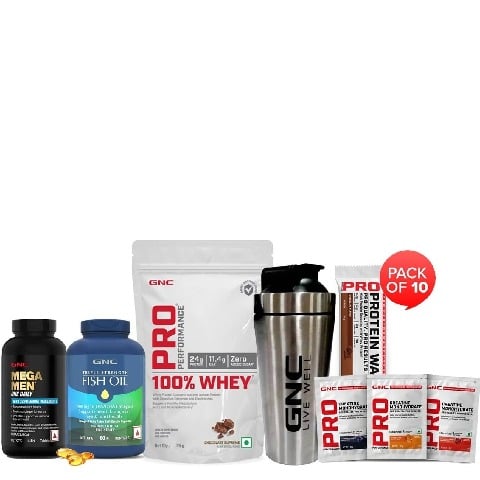 GNC Pro Performance 100% Whey Protein, Creatine Monohydrate, Fish Oil, Protein Wafer Bar with Strong Steel Shaker Combo, 0.077 lb Chocolate Supreme