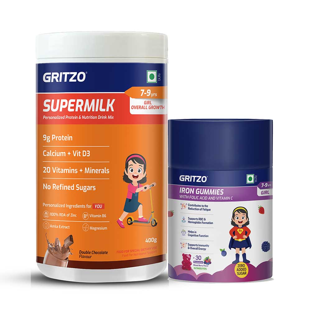 Supermilk Overall Growth 400g Double Chocolate for 7 to 9 Yrs Girl & Iron Gummies Combo