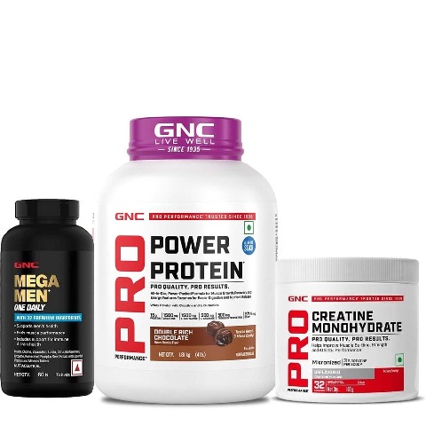 GNC Pro Performance Power Protein 4 lb Double Rich Chocolate & Creatine Monohydrate Unflavoured 0.22 lb with Mega Men One Daily Multivitamin 60 Tabs