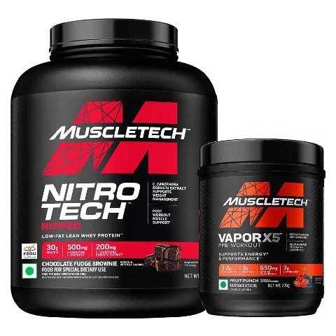MuscleTech Performance Series NitroTech Ripped 4 lb Chocolate Fudge Brownie (India) & Vapor X5 Combo,  0.59 lb  Fruit Punch 