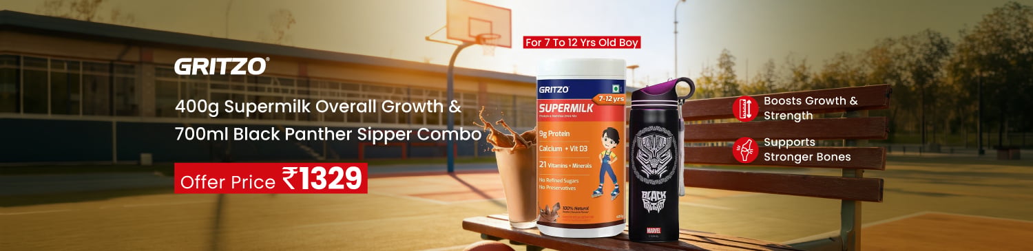 Supermilk Overall Growth for Boy 7 to 12 Yrs 400g and 700ml Black Panther Sipper Combo | Offer Price - 1329