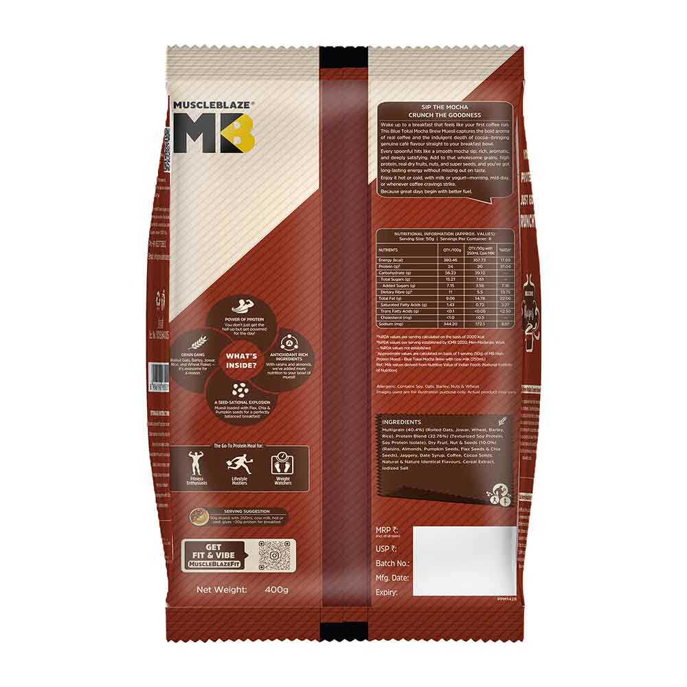 1 - MuscleBlaze High Protein Muesli,  400 g  Blue Tokai Mocha Brew
