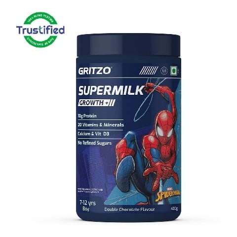 1 - Supermilk Gritzo Growth+ for Boy 7 to 12 years, 400 g Double Chocolate (Spiderman)