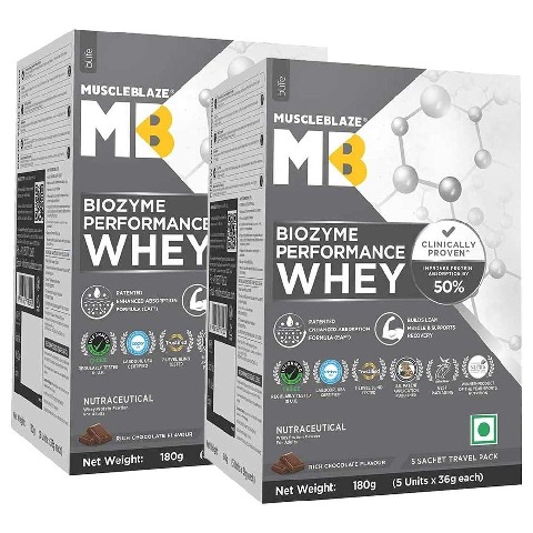 MuscleBlaze Biozyme Performance Whey Rich Chocolate 360g - 10 sachets x 36g