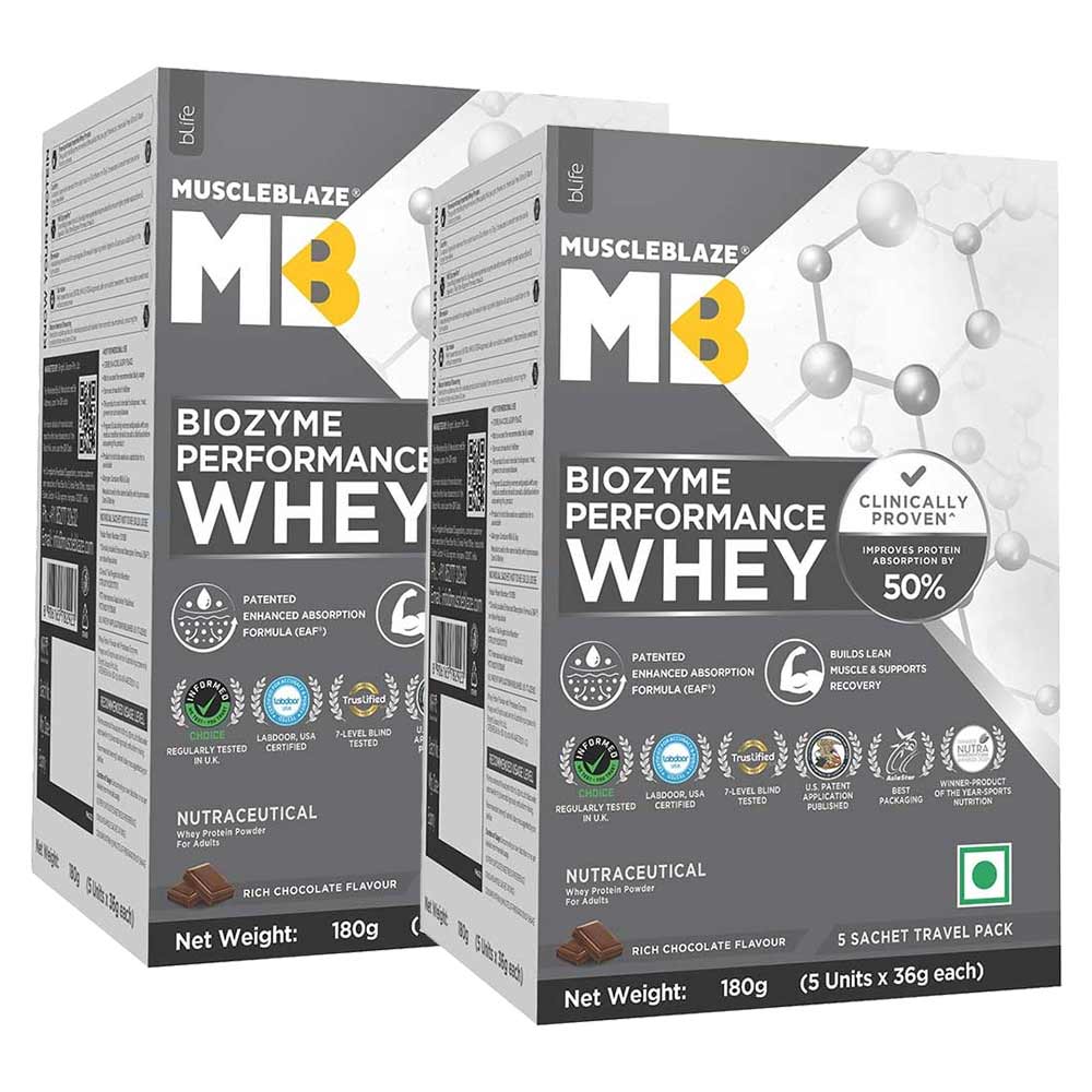 MuscleBlaze Biozyme Performance Whey Rich Chocolate 360g - 10 sachets x 36g-image-26