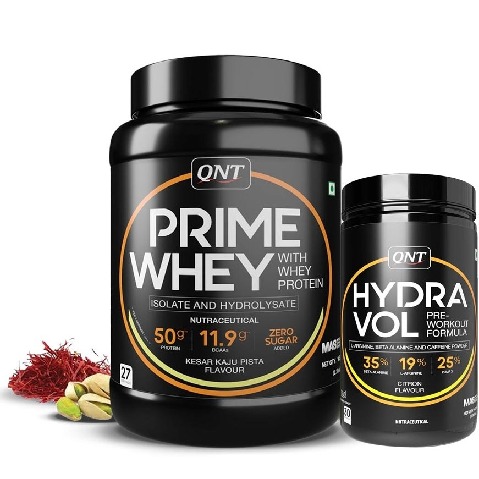 1 - QNT Prime Whey 2.2 lb Kesar Kaju Pista with Hydra Vol Pre Workout Combo, 0.88 lb Citron