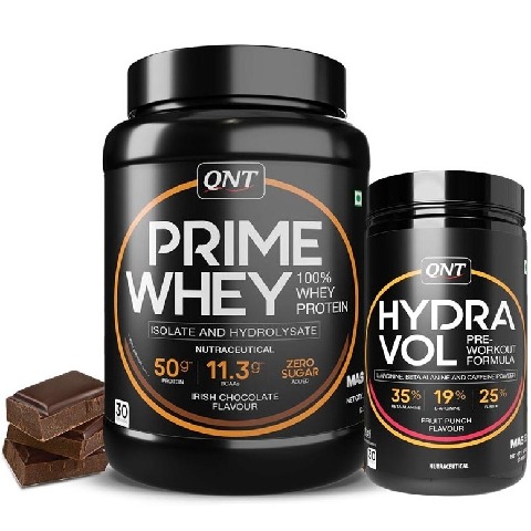 1 - QNT Prime Whey 2.2 lb Irish Chocolate with Hydra Vol Pre Workout Combo, 0.88 lb Fruit Punch